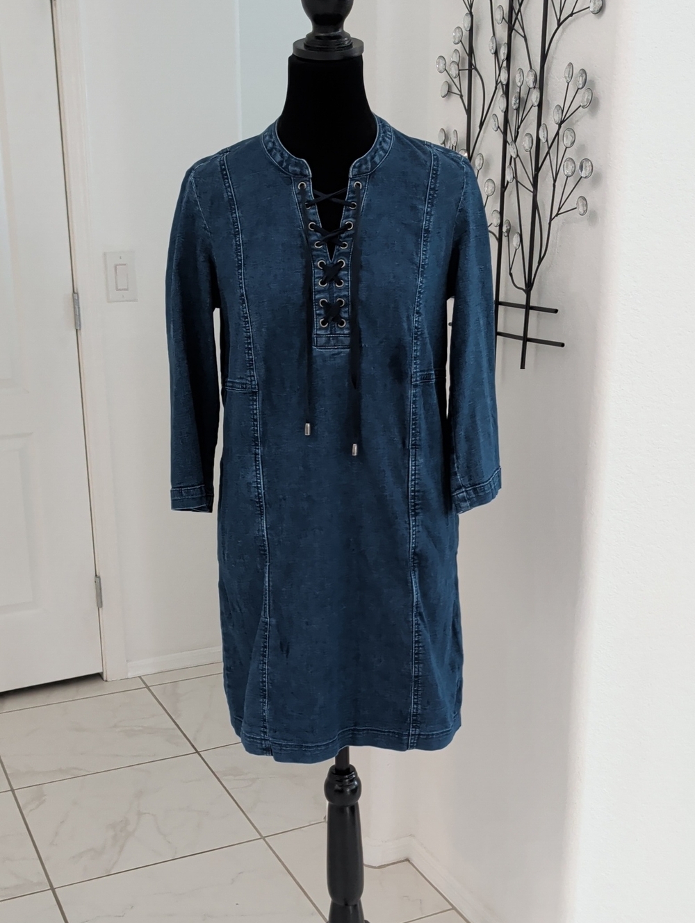 J. Jill Denim Jean Lace Up Front Sheath Dress Pockets Dark Wash SP Small Petite